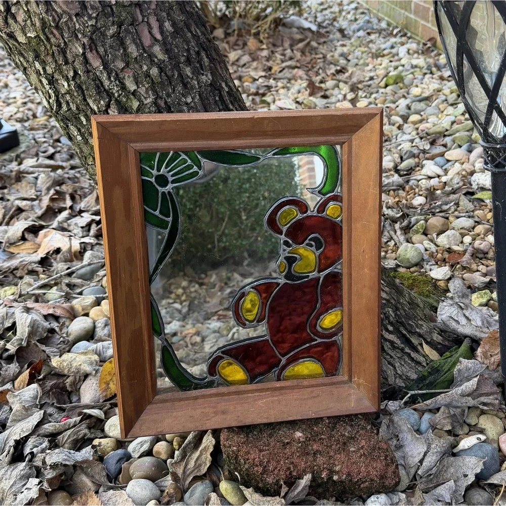 Charming VTG Stained Glass Teddy Bear Mirror Wooden Frame Wall‎ Decor Art Baby